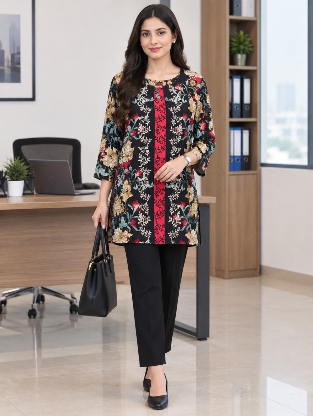 JM Collection Black Floral Tunic with Red Center Panel Size M